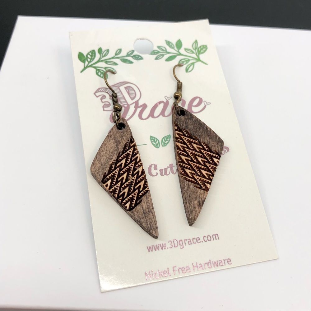 Geometric 3D Laser Etched Wood Lightweight Pierced Earrings